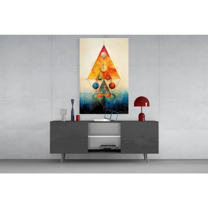 Vibrant geometric triangle wall art with colorful spheres in orange, yellow, blue