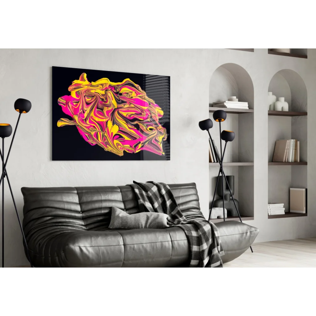 Vibrant neon pink and gold swirl glass wall art on black canvas