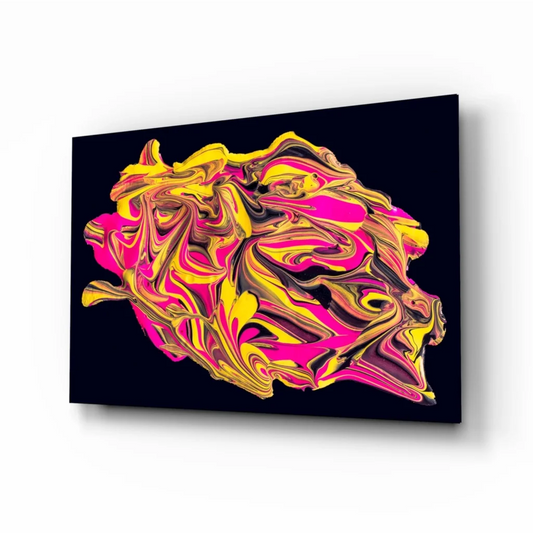 Vibrant neon pink and gold swirl glass wall art on black canvas
