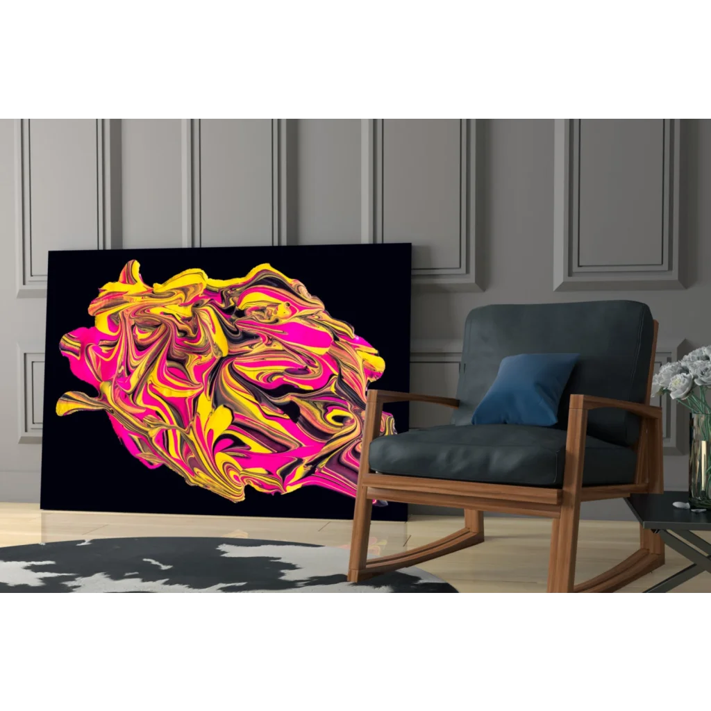 Vibrant neon pink and gold swirl glass wall art on black canvas