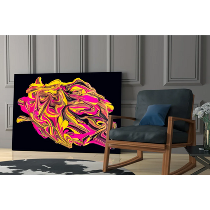 Vibrant neon pink and gold swirl glass wall art on black canvas
