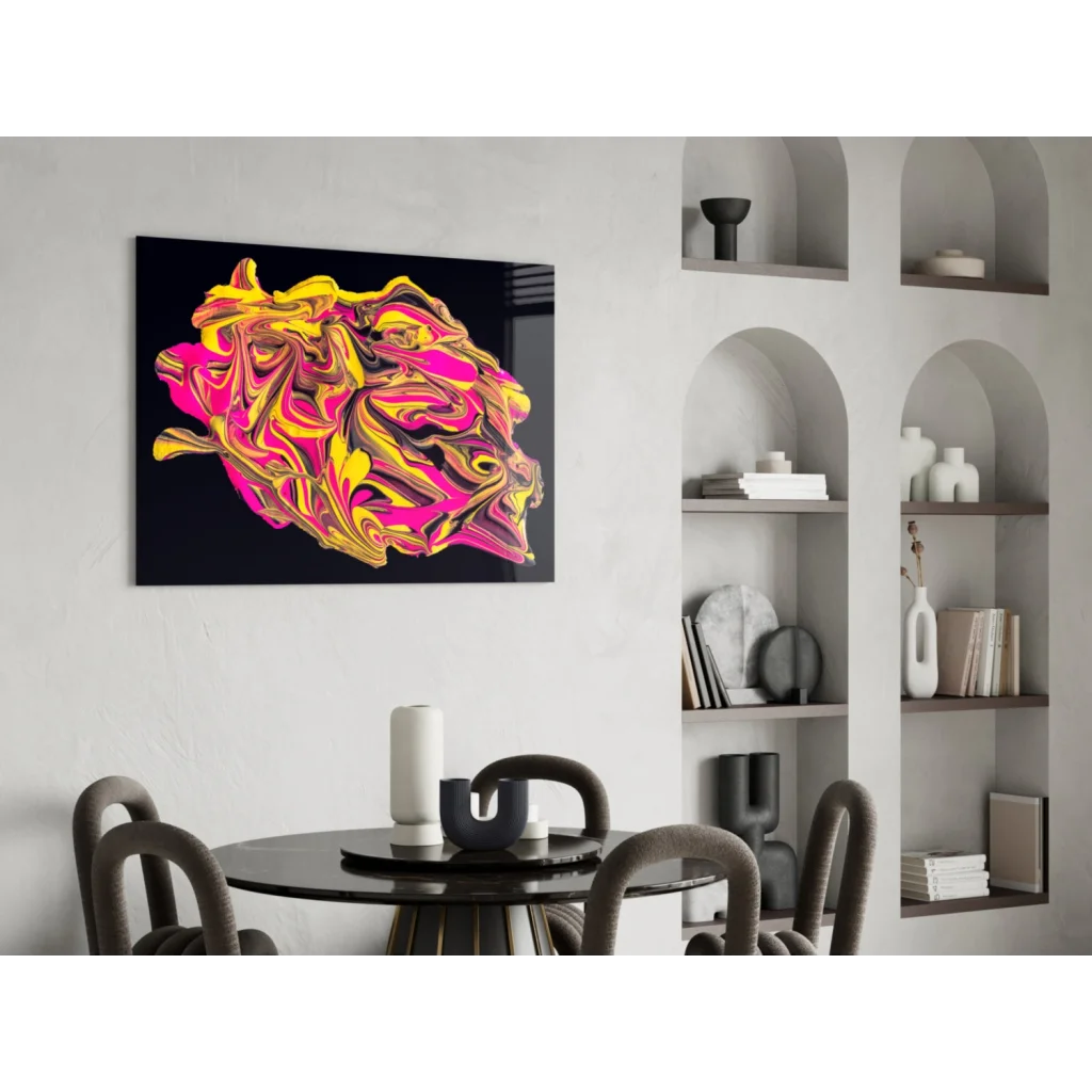 Vibrant neon pink and gold swirl glass wall art on black canvas