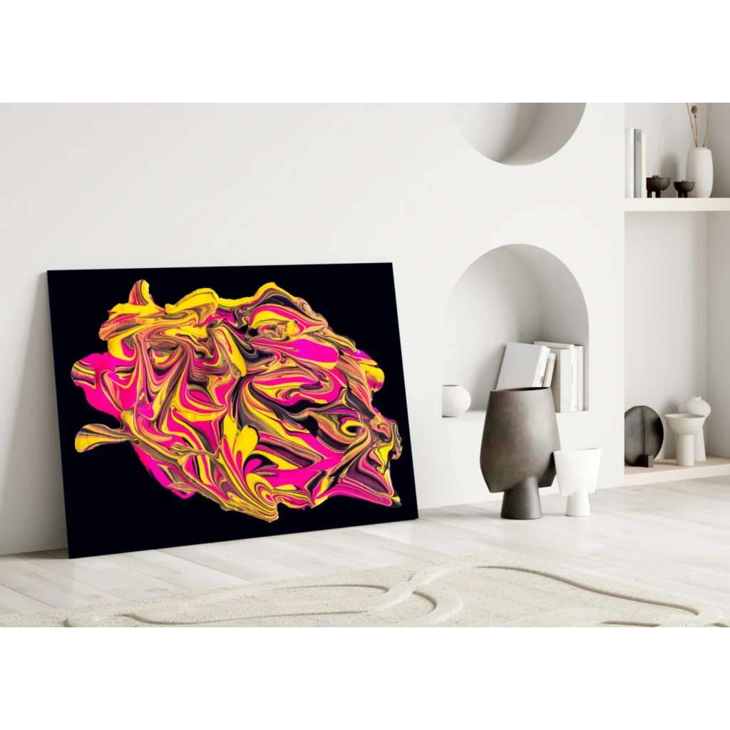 Vibrant neon pink and gold swirl glass wall art on black canvas