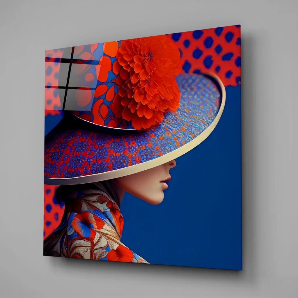 Vibrant blue red patterned hat on stunning tempered glass art