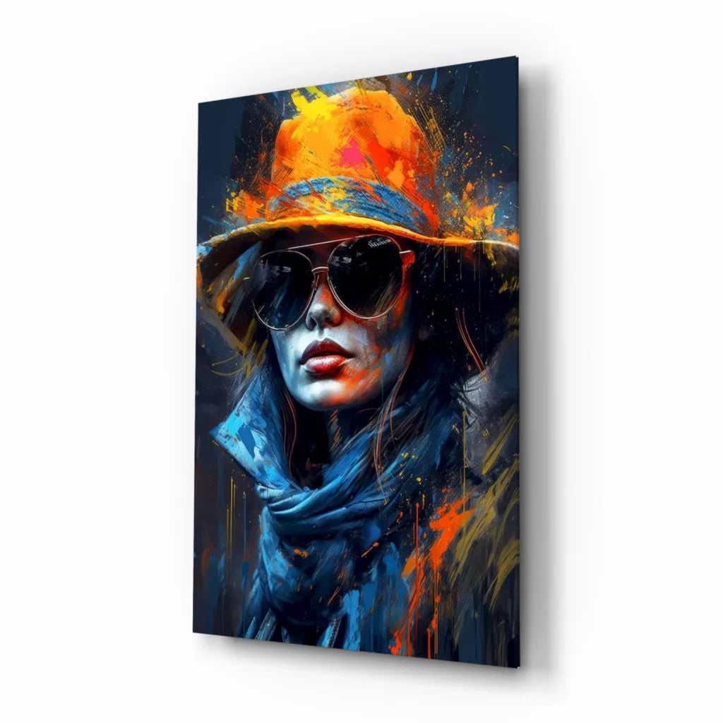 Vibrant abstract woman in orange hat on blue wall art canvas