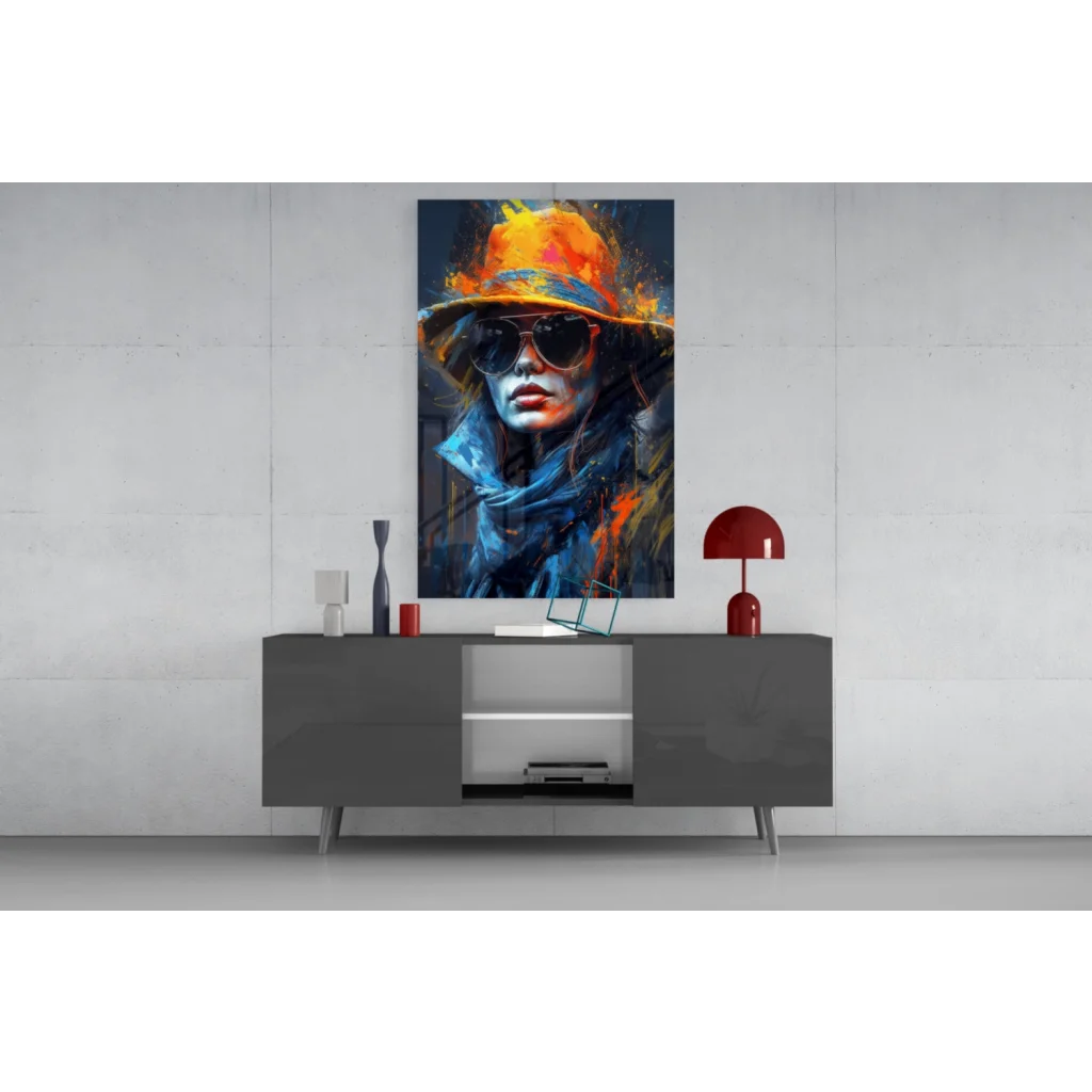 Vibrant abstract woman in orange hat on blue canvas wall art
