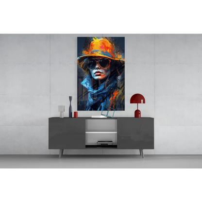 Vibrant abstract woman in orange hat on blue canvas wall art