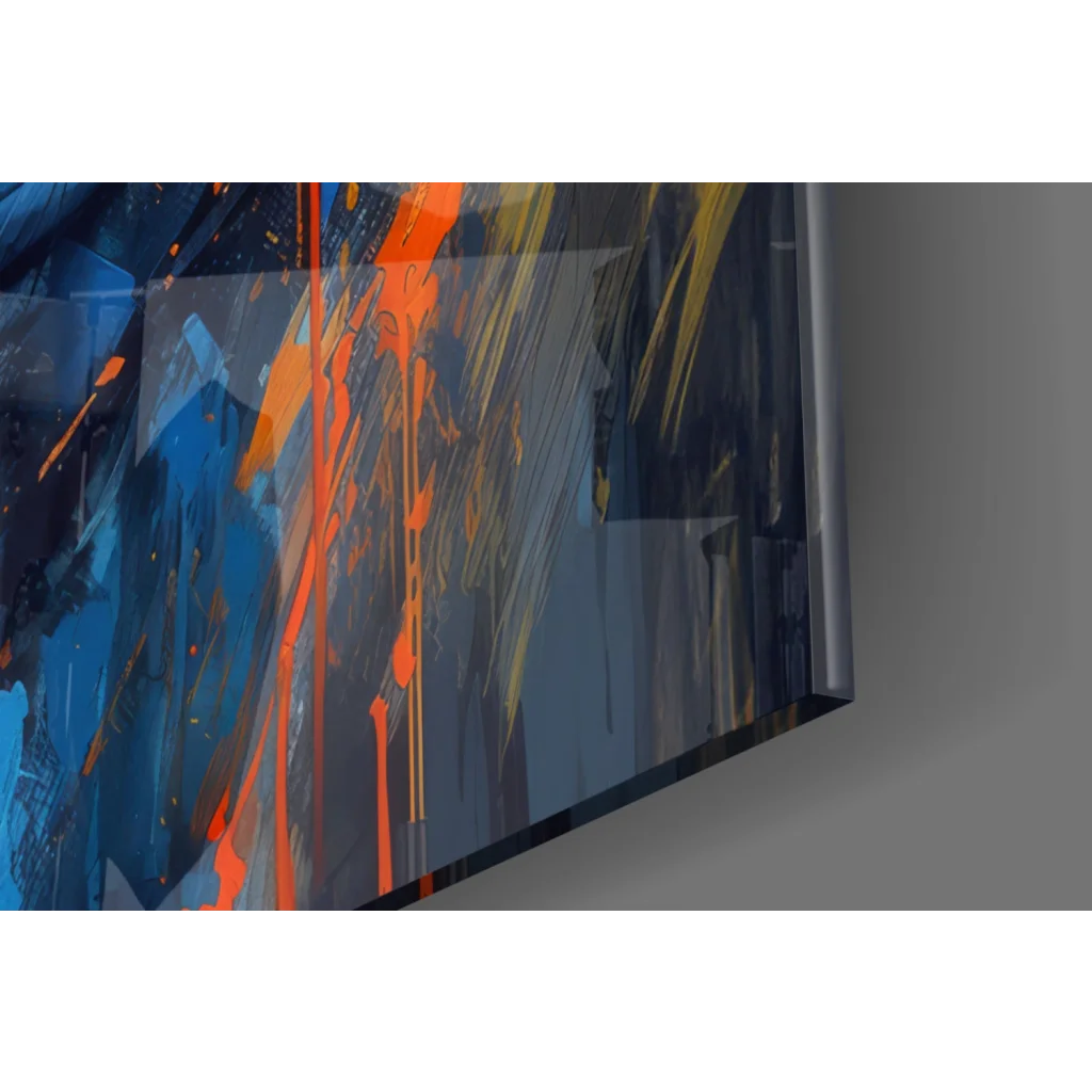 Bold abstract woman wall art canvas with orange blue streaks on dark background