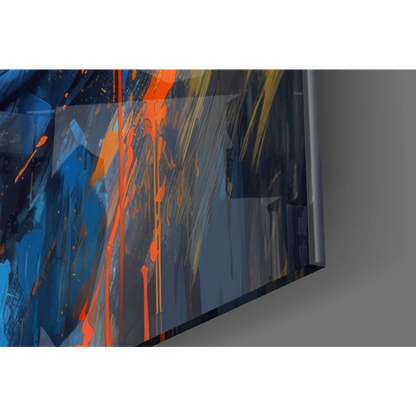 Bold abstract woman wall art canvas with orange blue streaks on dark background