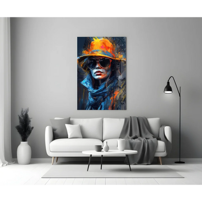 Vibrant abstract woman canvas wall art in orange hat, blue yellow strokes