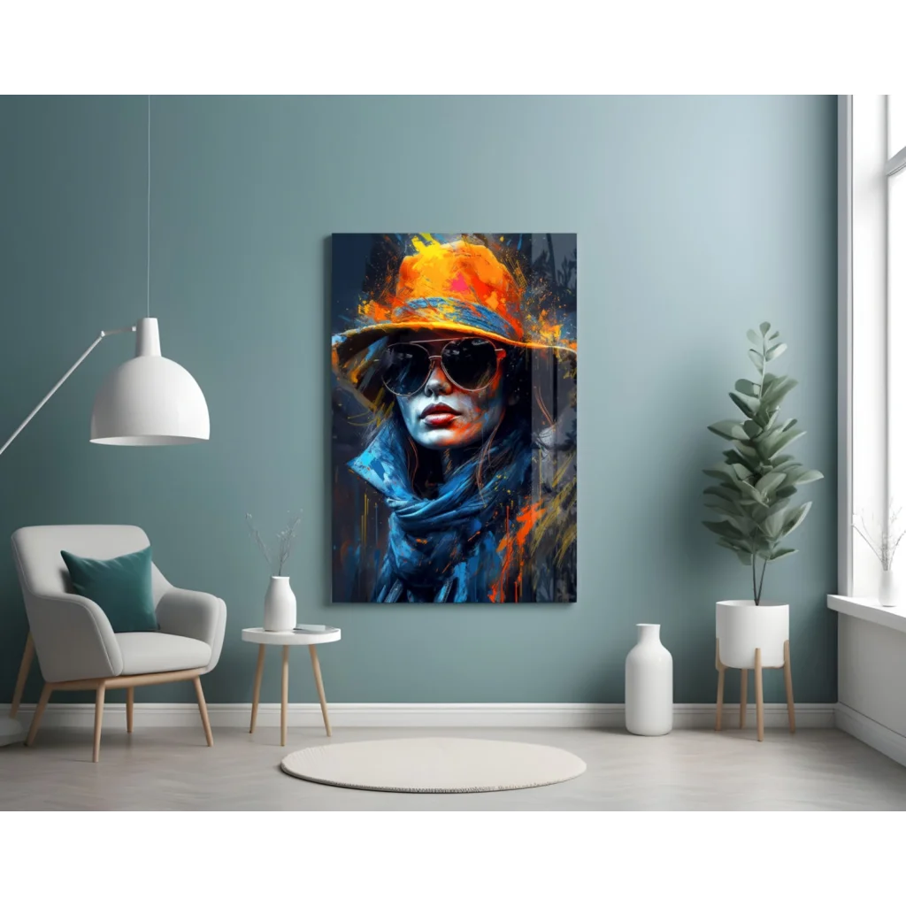 Vibrant abstract woman canvas wall art in orange hat and blue strokes