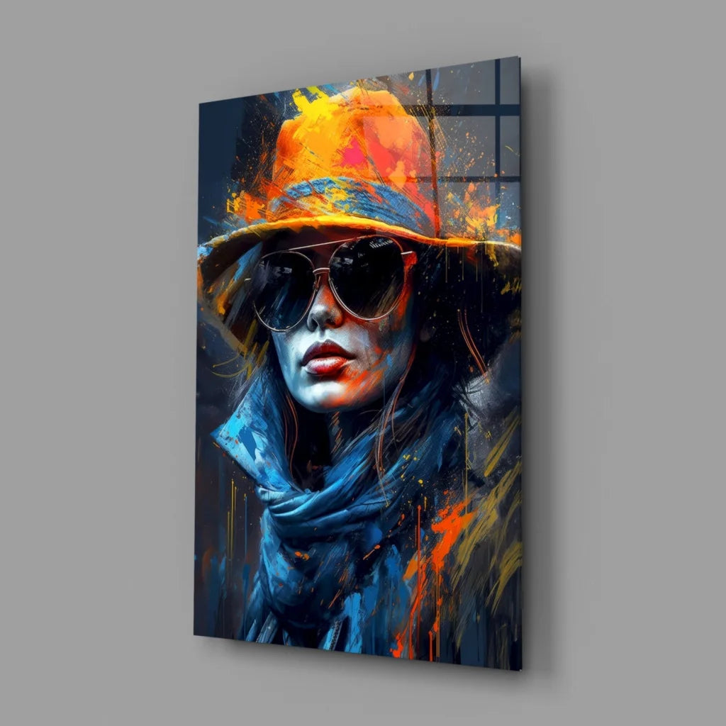 Vibrant abstract woman in orange hat on canvas wall art with bold blue and red splashes