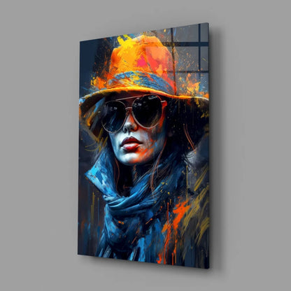 Vibrant abstract woman in orange hat on canvas wall art with bold blue and red splashes