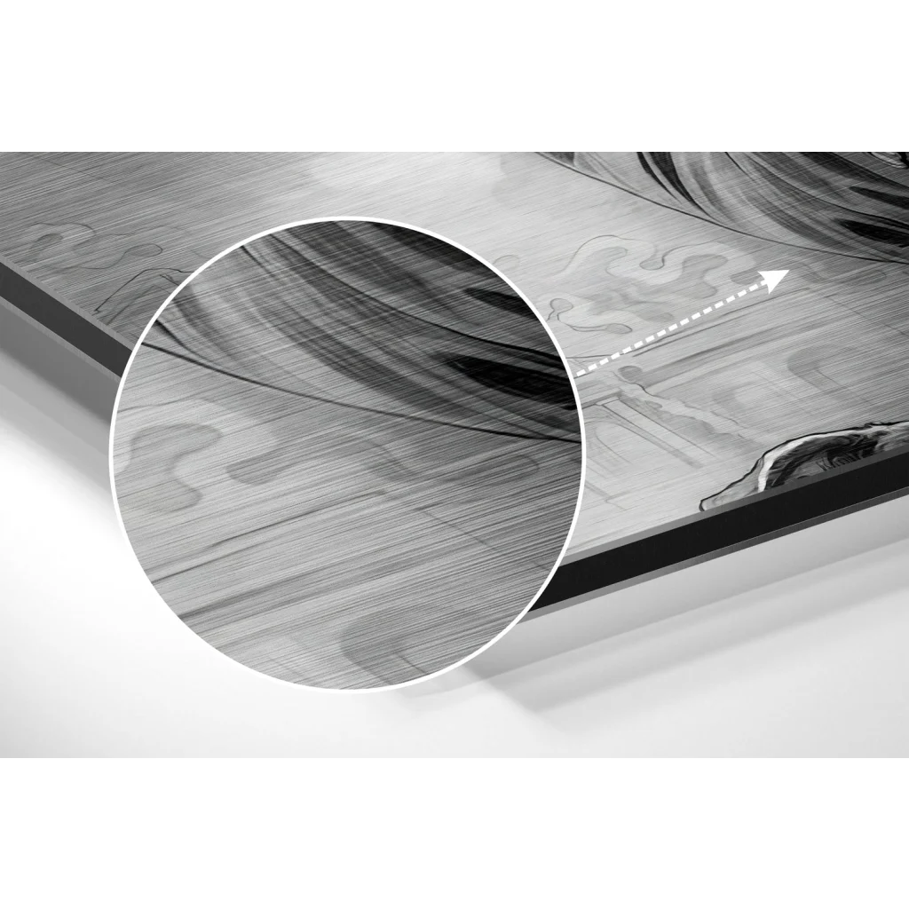 glass wall art Glossy wooden laptop with black edges on Hateful Eight brushed aluminium dibond print