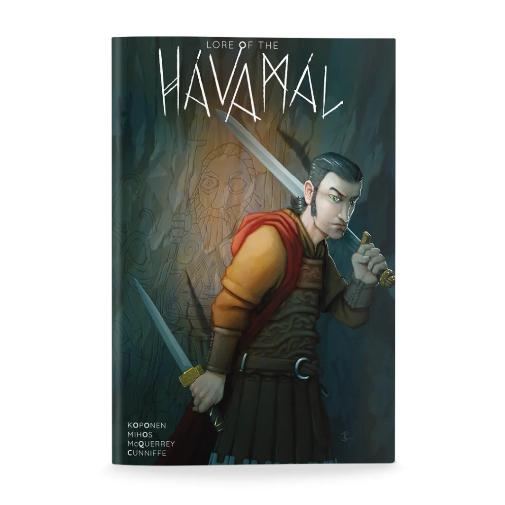 Comic book with male warrior holding swords from Jouni Koponen Hávamál Standard Edition Softcover