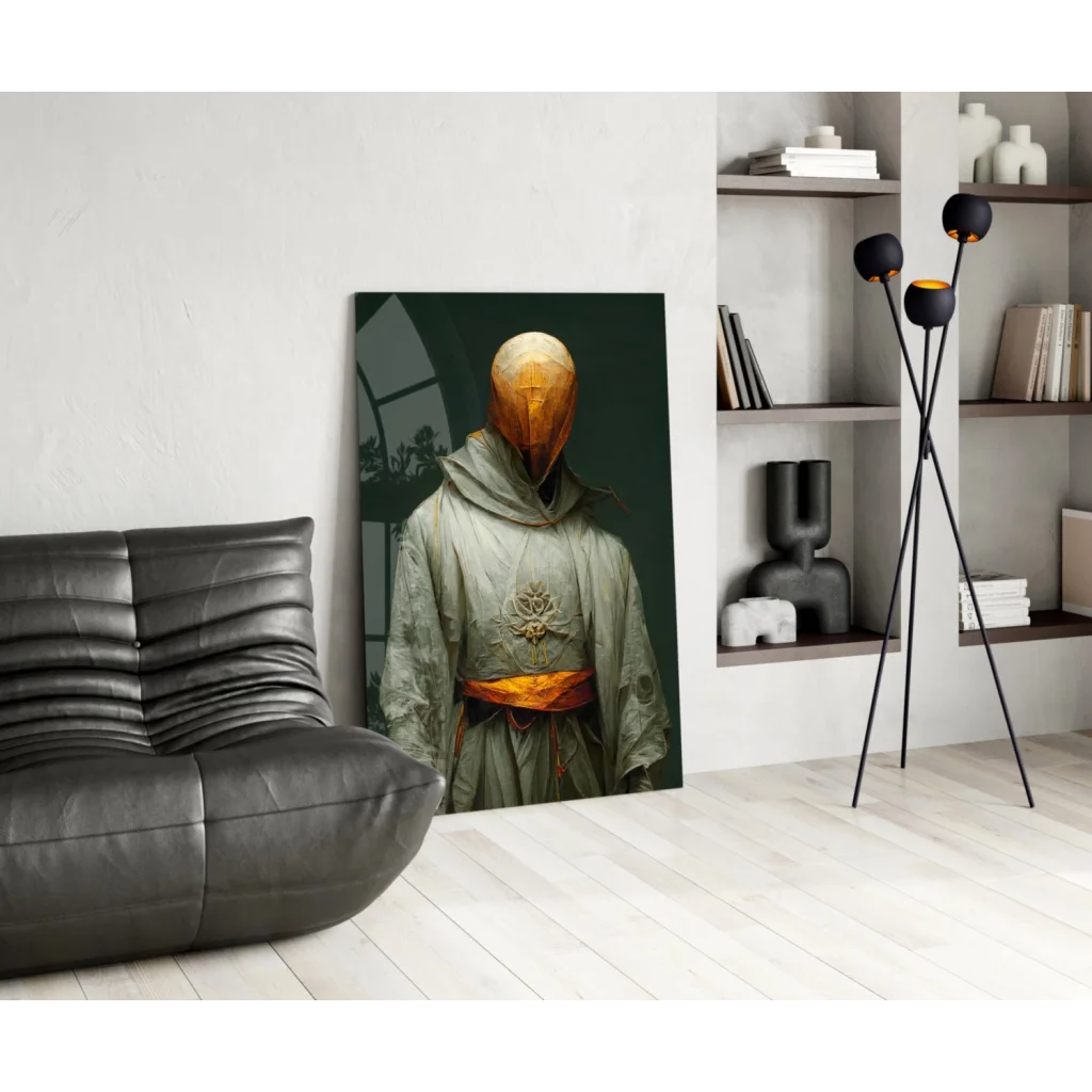 Mysterious hooded figure in olive robe on glass wall art canvas print