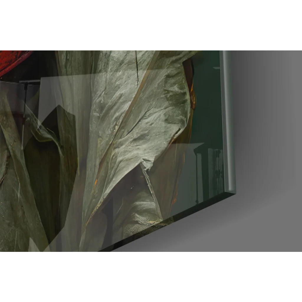 Mysterious hooded figure in sleek silver-framed glass wall art with crinkled translucent sheet and golden accents