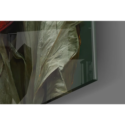 Mysterious hooded figure in sleek silver-framed glass wall art with crinkled translucent sheet and golden accents