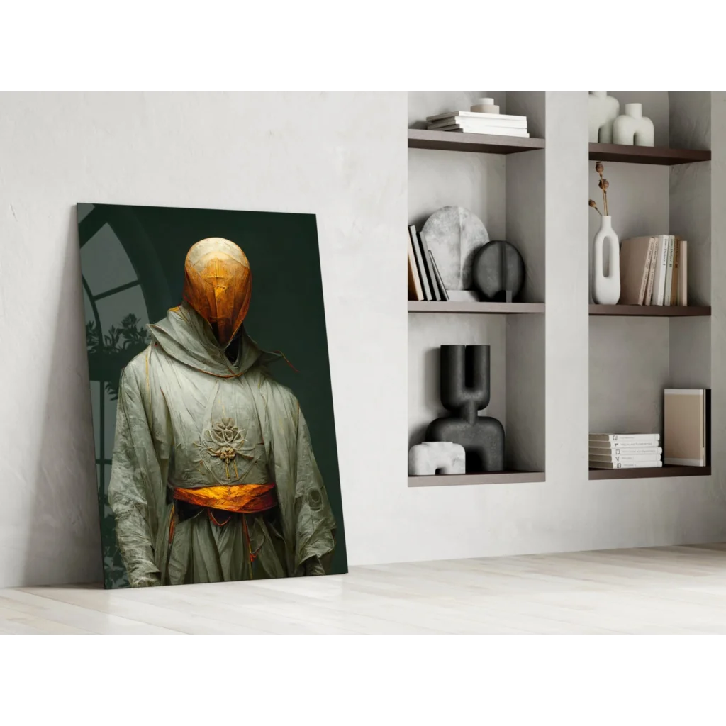 Mysterious hooded figure in ornate gray robe, glass wall art canvas print