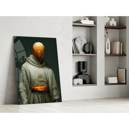 Mysterious hooded figure in ornate gray robe, glass wall art canvas print