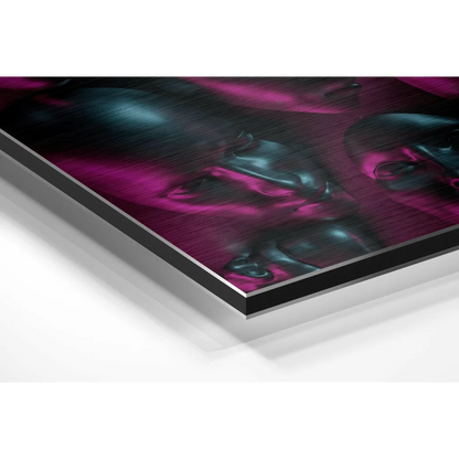 Sleek abstract portrait in magenta teal on brushed aluminium dibond print