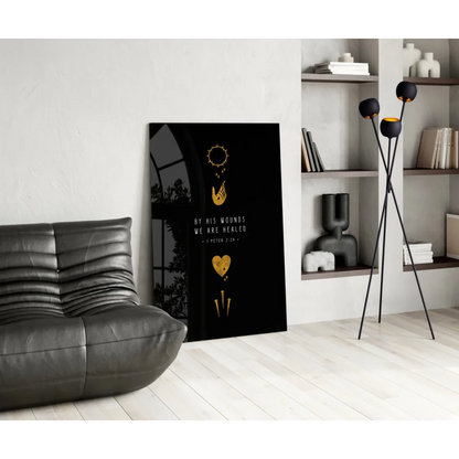 Black canvas glass wall art with gold foil accents and 1 Peter 2:24 text