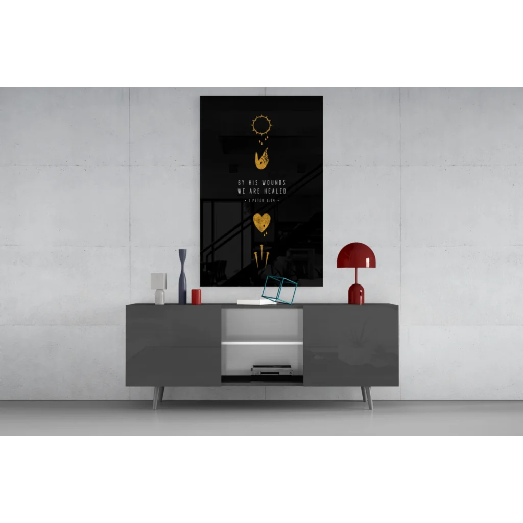 Stunning glass wall art: black framed poster with gold foil on gray console