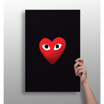 Vibrant Comme des Garçons red heart with white eyes on insigne aluminum prints