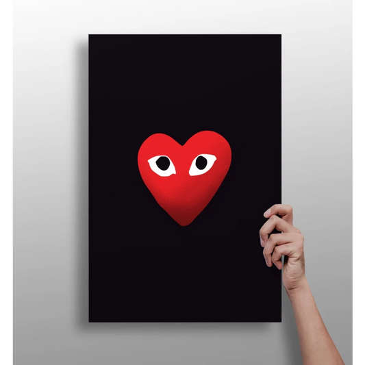 Vibrant Comme des Garçons red heart with white eyes on insigne aluminum prints