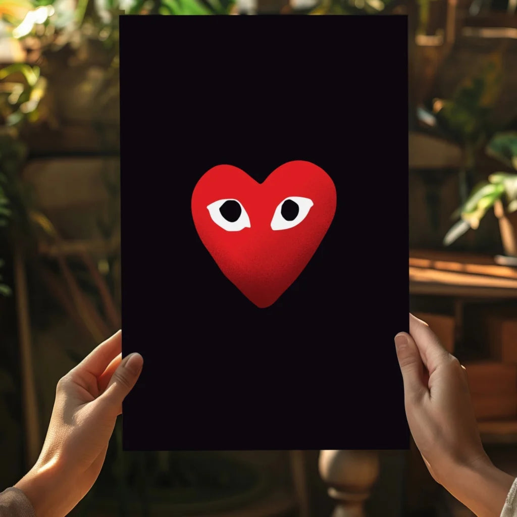 Vibrant red Comme des Garçons heart with white eyes on black insigne aluminum prints