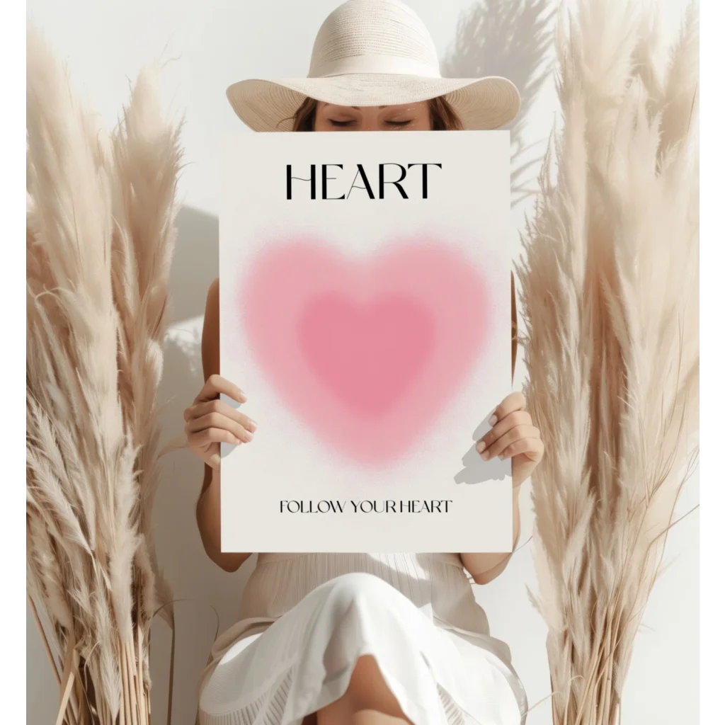 White Follow Your Heart insigne aluminum print with pink gradient heart
