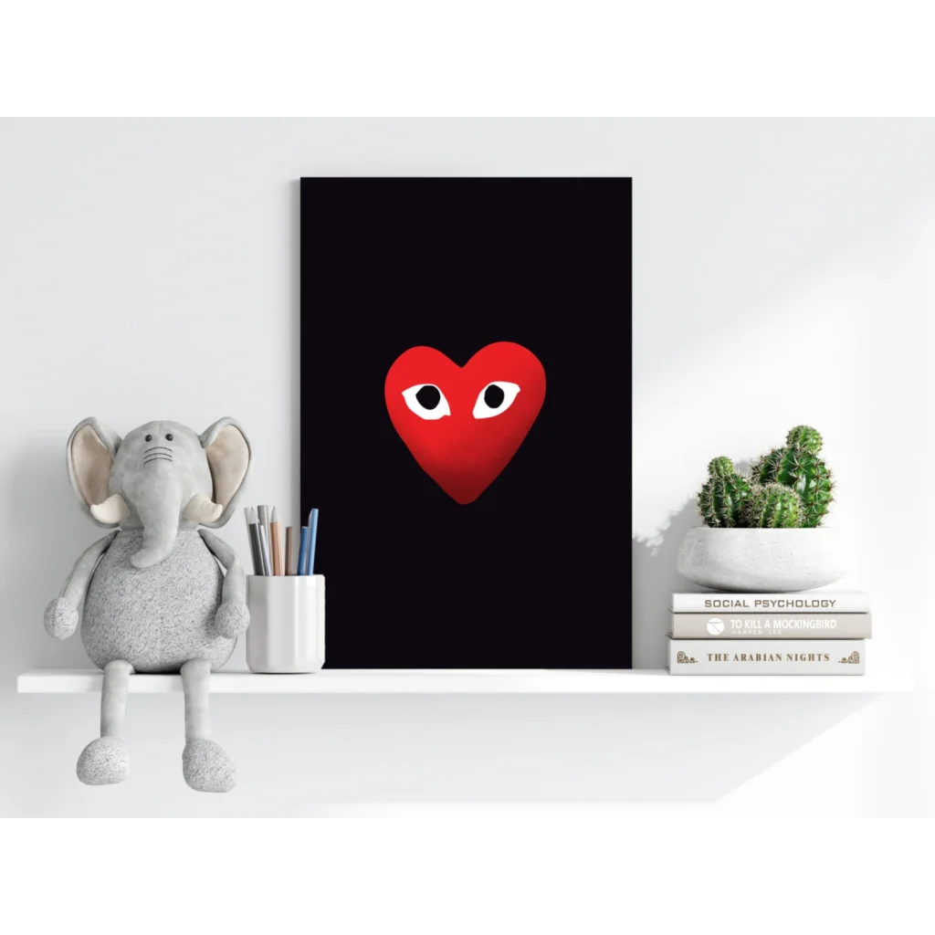 Striking red heart with white eyes on Comme des Garçons insigne aluminum prints