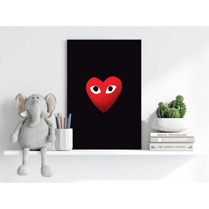Striking red heart with white eyes on Comme des Garçons insigne aluminum prints