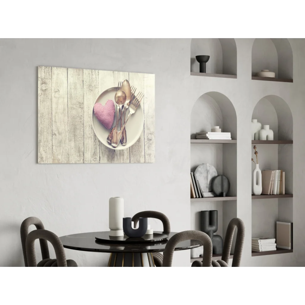 Rustic heart wall art canvas print with white plate, silverware, pink napkin