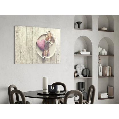 Rustic heart wall art canvas print with white plate, silverware, pink napkin