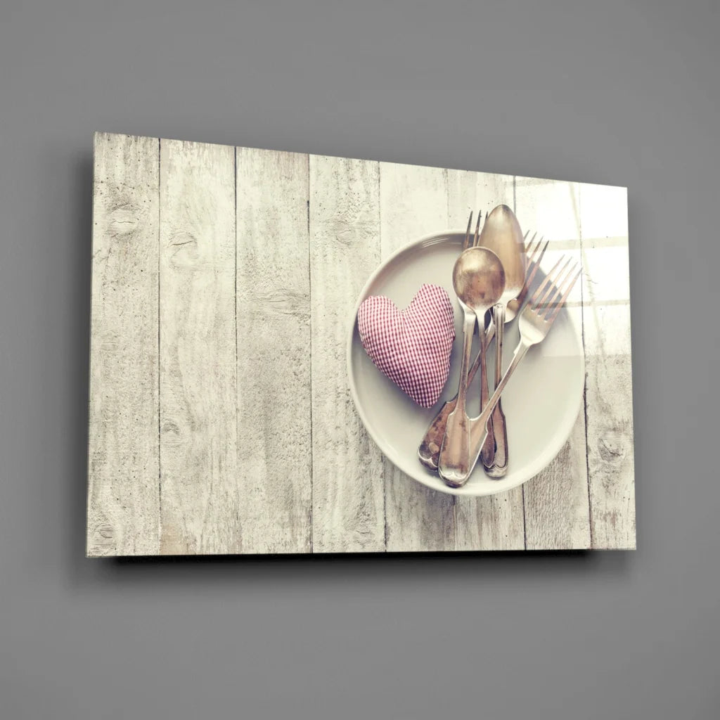 Charming rustic heart kitchen wall art with white plate and pink cushion