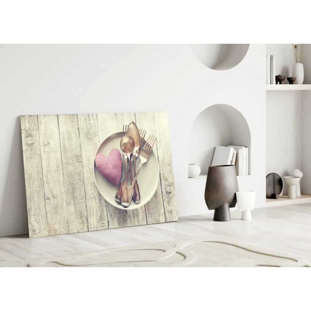 Rustic heart kitchen wall art canvas print with pink checkered plate
