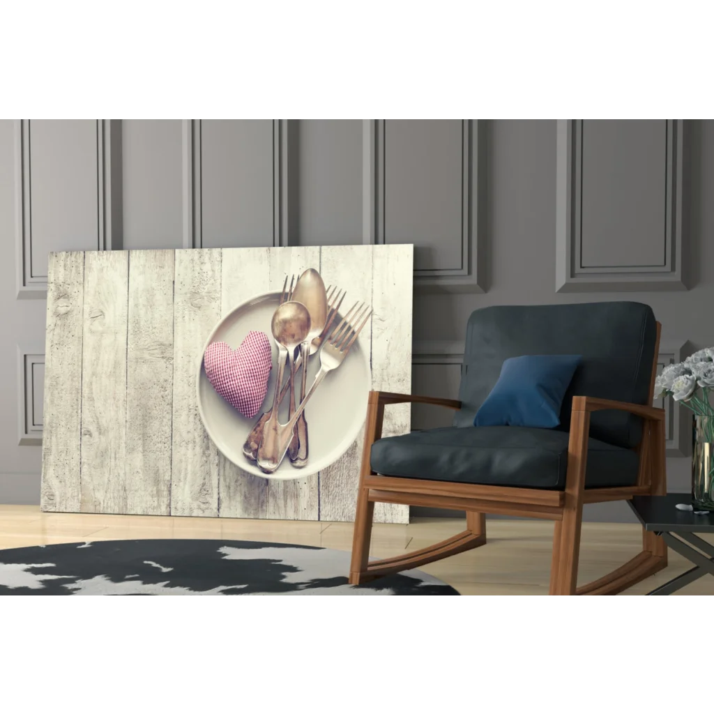 Rustic white wooden plank wall art with pink checkered heart pillow and silverware plate