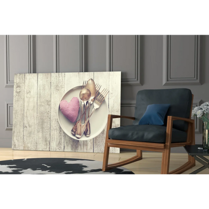 Rustic white wooden plank wall art with pink checkered heart pillow and silverware plate