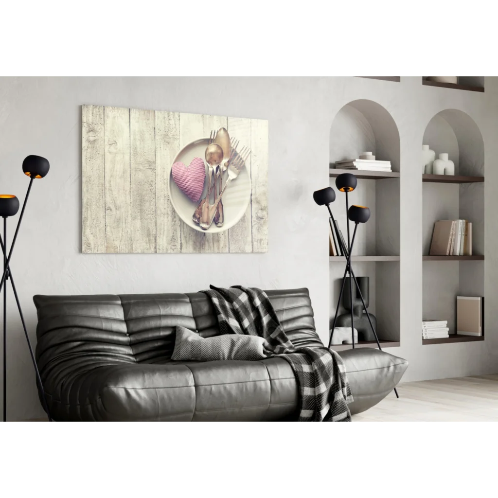 Rustic heart wall art canvas print with pink heart and silverware on white plate