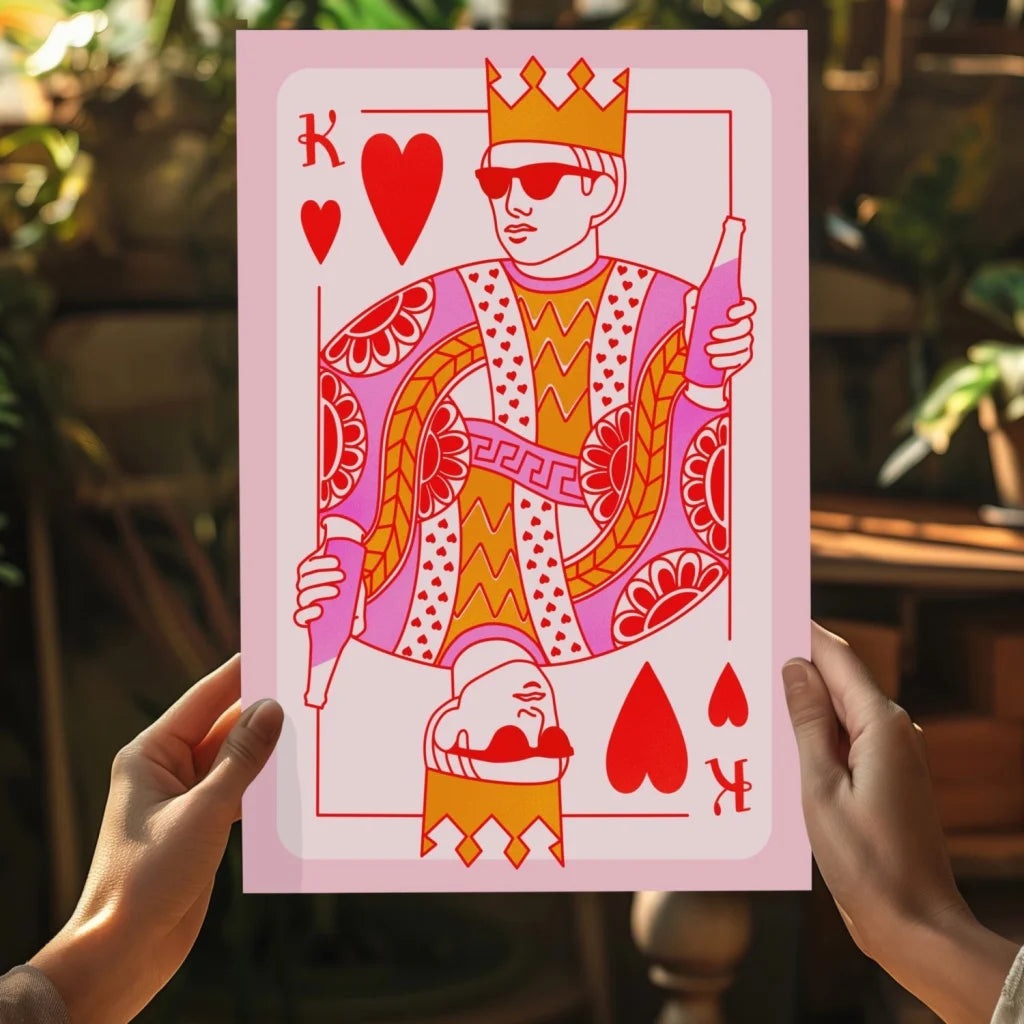 Vibrant king of hearts insigne aluminum print with stylized royal figure holding bottles