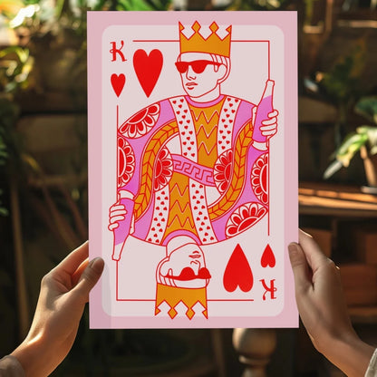 Vibrant king of hearts insigne aluminum print with stylized royal figure holding bottles