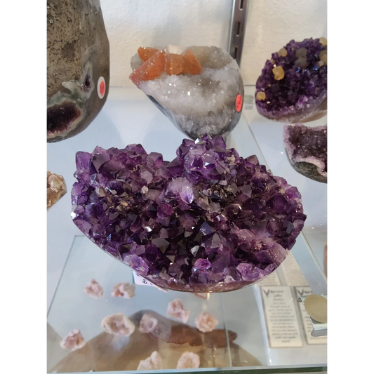 Vibrant purple heart-shaped amethyst flower formation geode sculpture