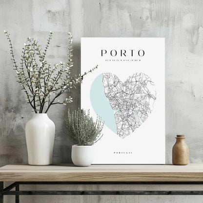 Minimalist heart-shaped Porto map aluminum print in white with blue accents