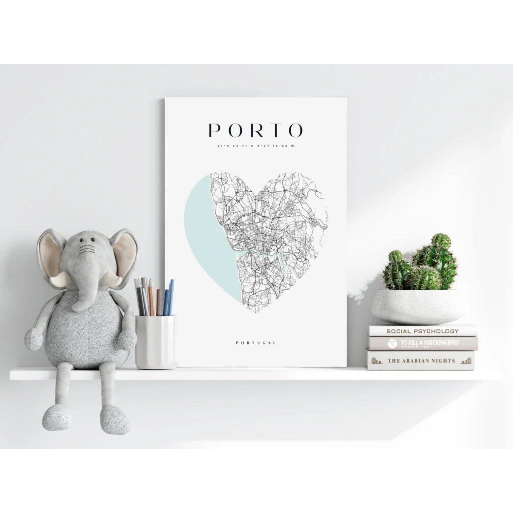 Minimalist heart-shaped Porto map aluminum print in white with mint green accent