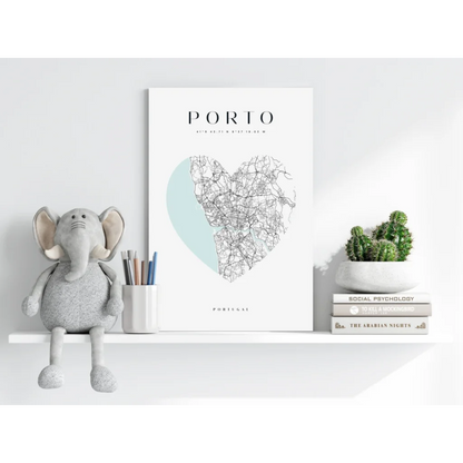 Minimalist heart-shaped Porto map aluminum print in white with mint green accent