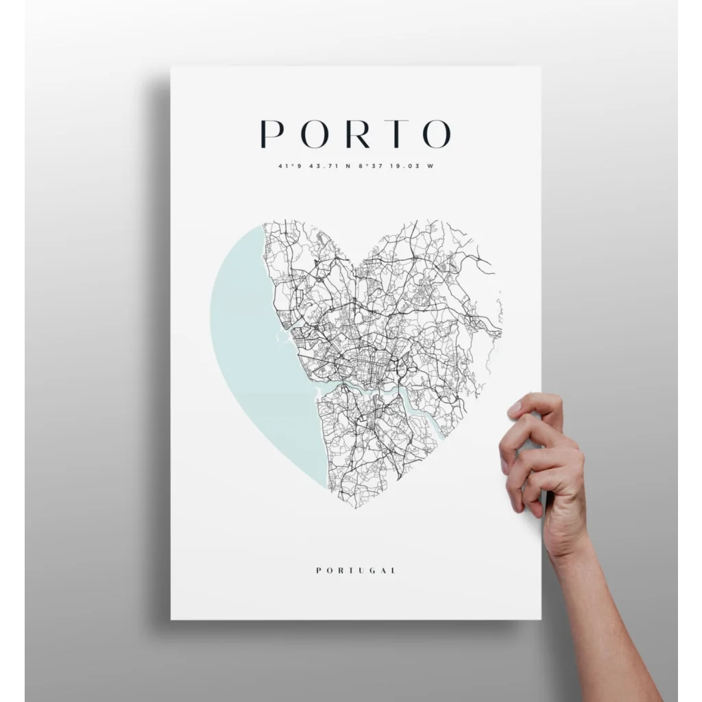 Minimalist heart-shaped Porto map aluminum print in white with mint green accent