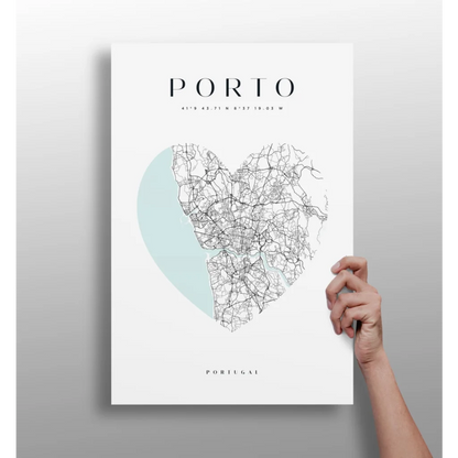 Minimalist heart-shaped Porto map aluminum print in white with mint green accent