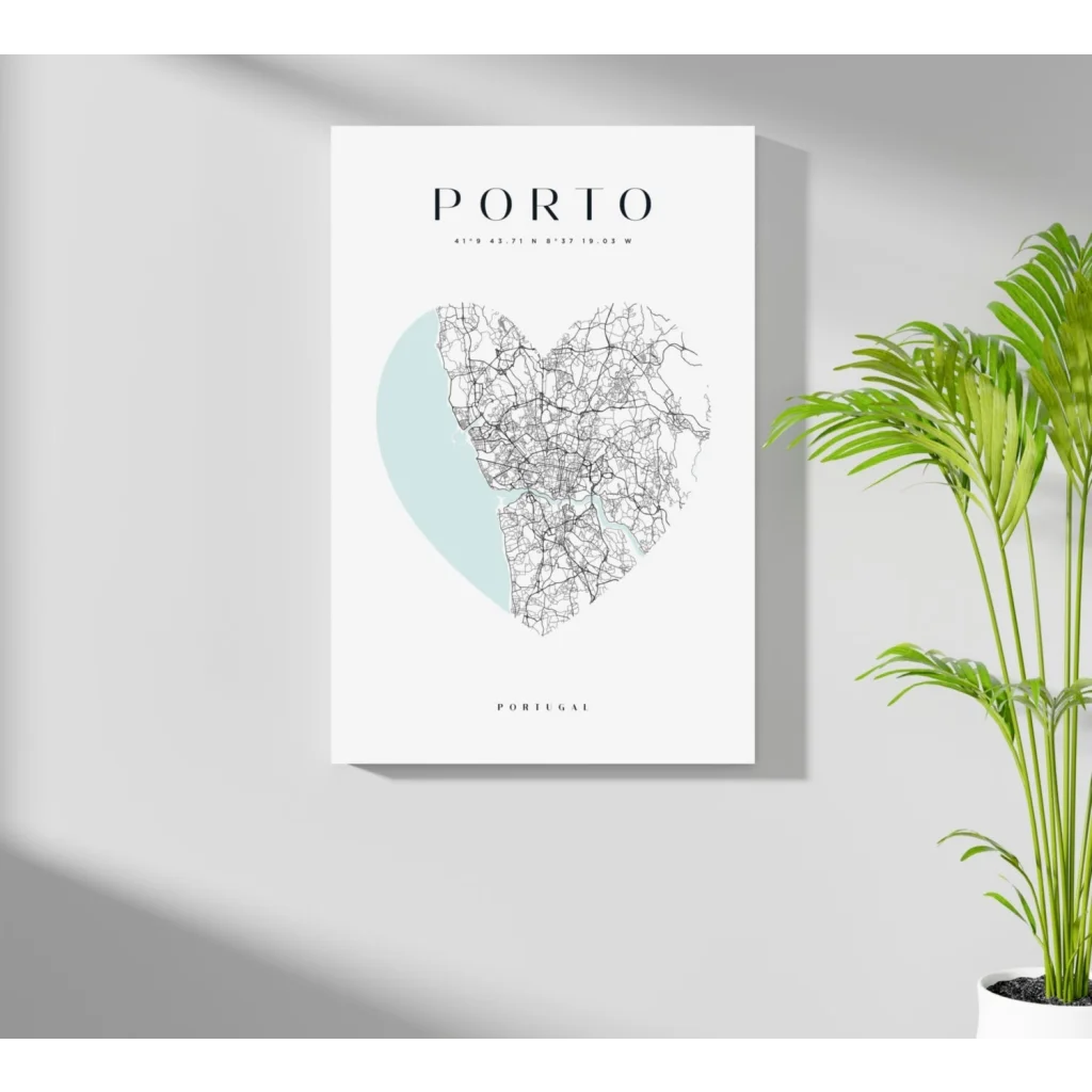 Minimalist heart-shaped Porto map aluminum print in white with mint green accent