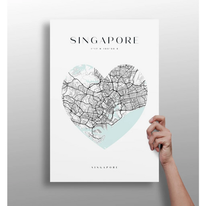 Heart Shaped Singapore Map Aluminum Print in Teal and White